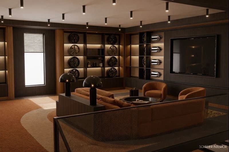 Mezzanine lounge with media wall